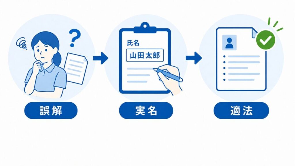 「名前を書くと違法」と悩む職員が、氏名欄に「山田太郎」と実名で記録し、それが適法な扱いであることを示した図。