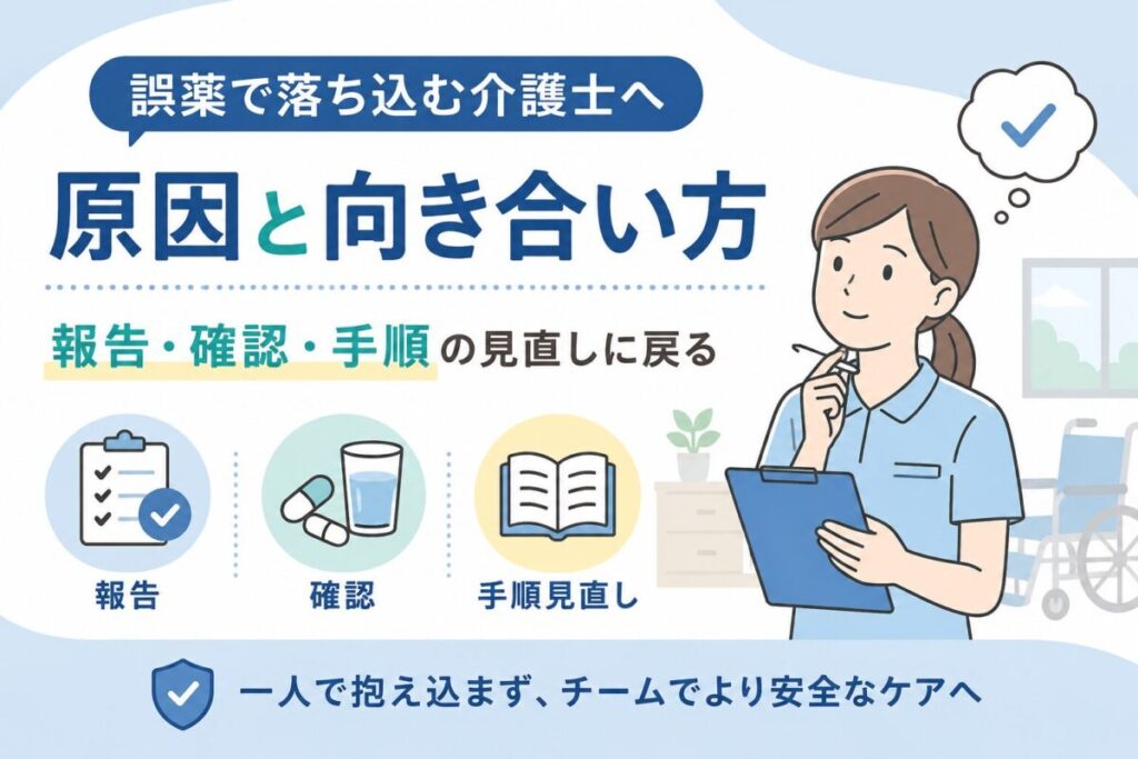 誤薬後に一人で抱え込まず、報告・確認・手順の見直しを考える介護士のイラスト。