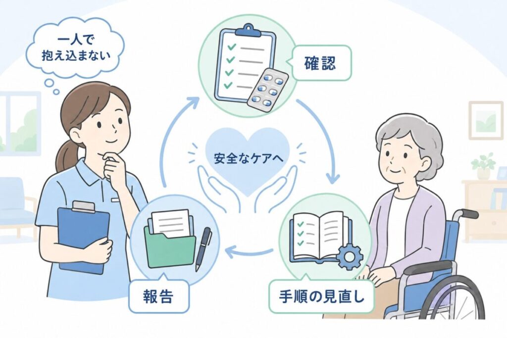 誤薬後に一人で抱え込まず、確認・報告・手順の見直しを通して安全なケアにつなげる様子。