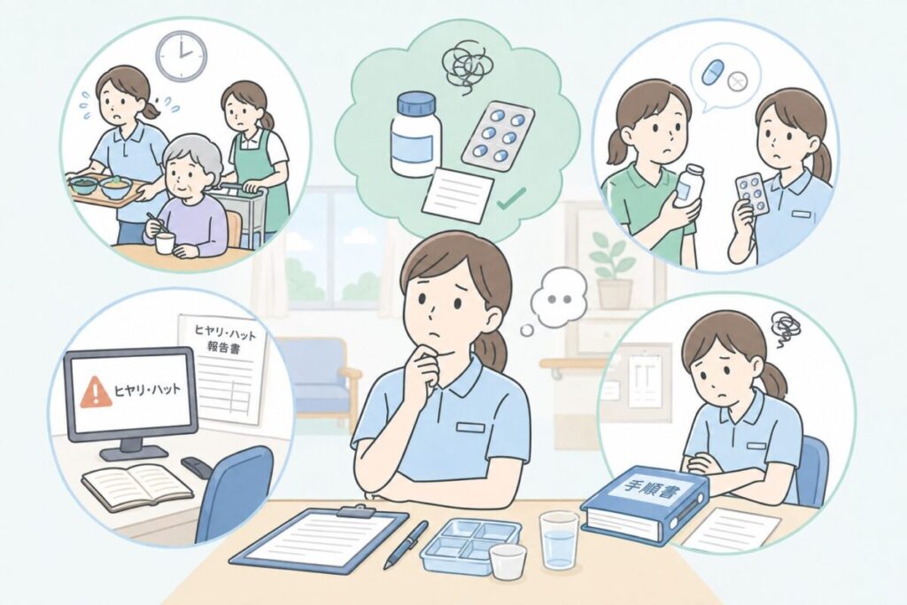 食事介助の重なり、薬の確認のばらつき、ヒヤリ・ハットの未活用、手順書とのズレが起きる介護現場の例。