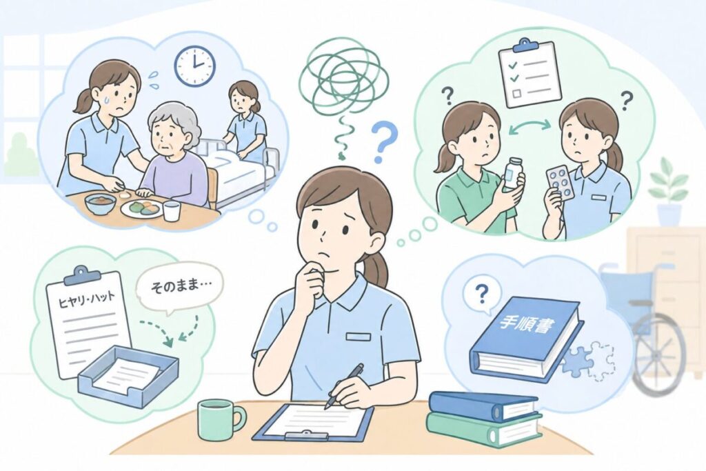 忙しさ、確認方法のばらつき、活かされないヒヤリ・ハット、現場に合わない手順書など、誤薬が起きる背景を整理する介護士の様子。