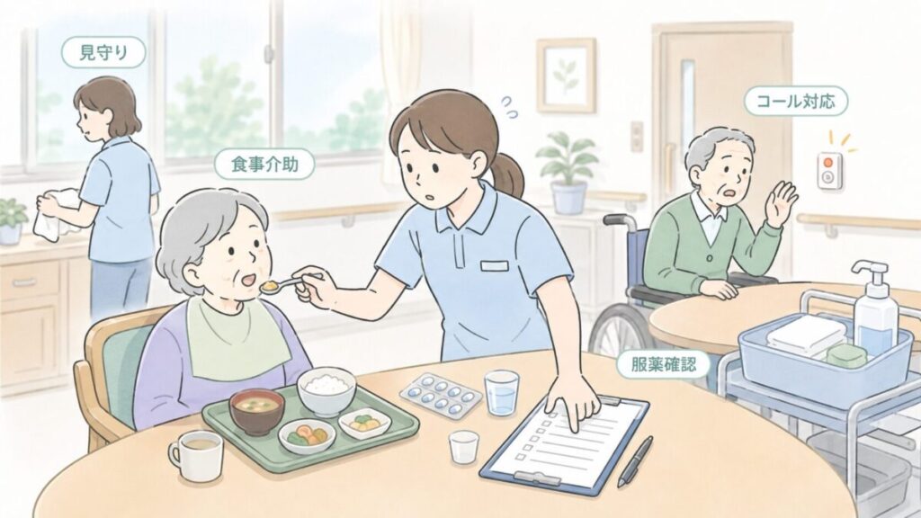 食事介助や見守り、コール対応が重なる中で、介護士が服薬確認をしながら対応している介護現場の様子。