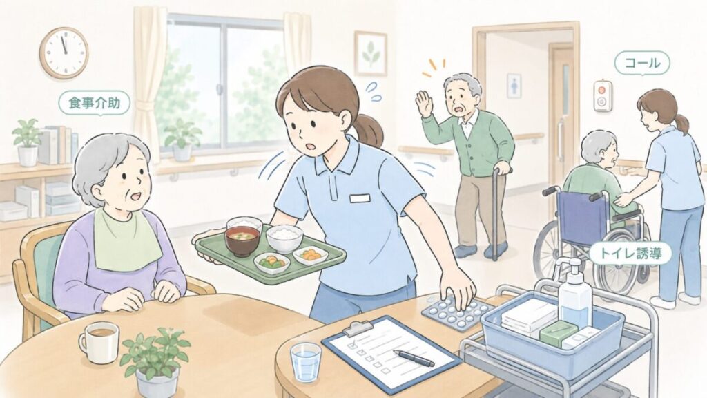 食事介助、服薬準備、コール対応、トイレ誘導が同時に重なり、介護士が慌ただしく対応している様子。