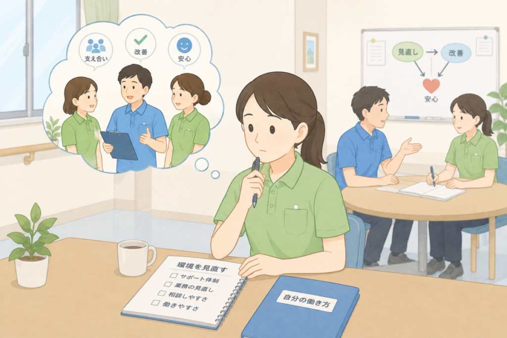 職場の改善体制や相談しやすさを確認し、自分の働く環境を見直す介護職の様子。