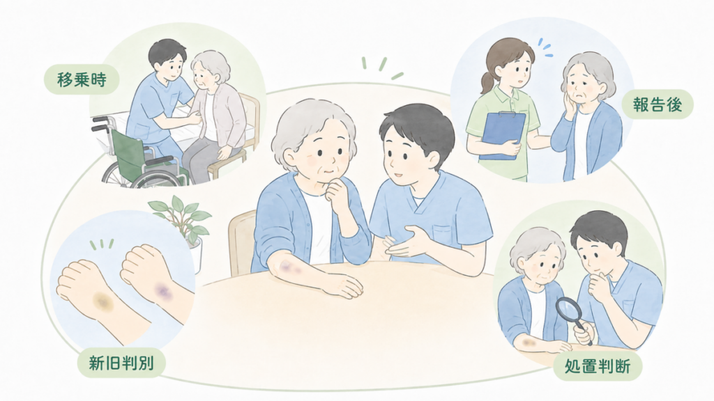 移乗時の接触、報告後の戸惑い、内出血の新旧判別、処置判断など介護現場で起こりやすい事例を示したイラスト。