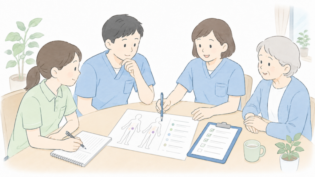 介護士と利用者が一緒に座り、複数の職員で皮膚剥離や内出血の原因を整理しているイラスト。
