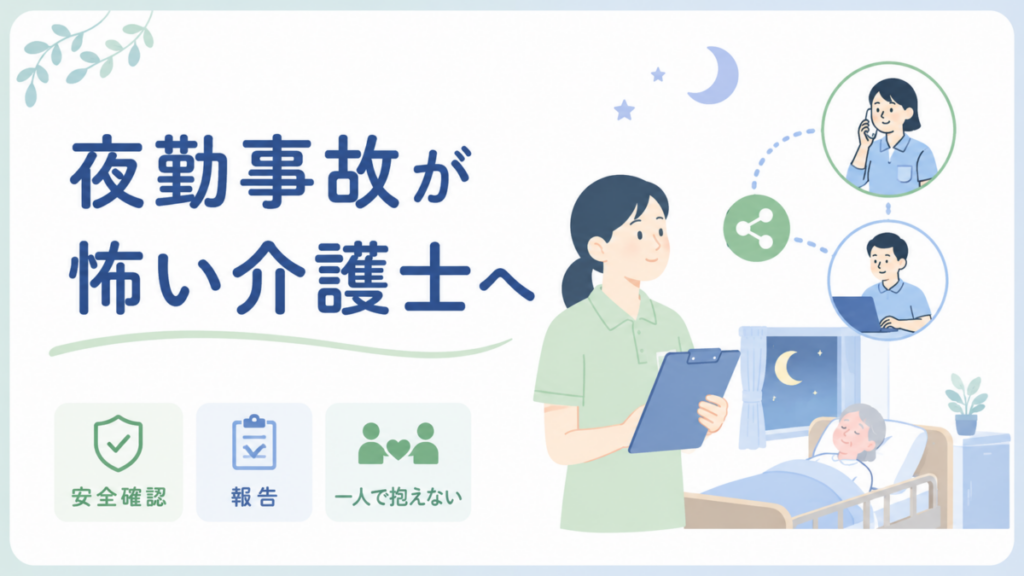 夜勤中の事故に不安を感じる介護士が、安全確認と報告、職員間の連携を意識する様子を示したイラスト。
