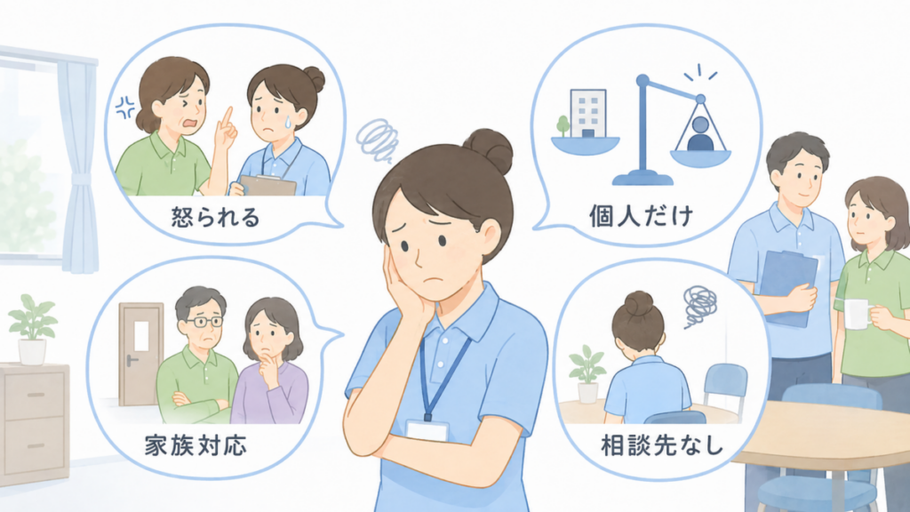 介護事故後に怒られる、家族対応が怖い、個人だけの責任にされる、相談先がないと悩む介護士のイラスト