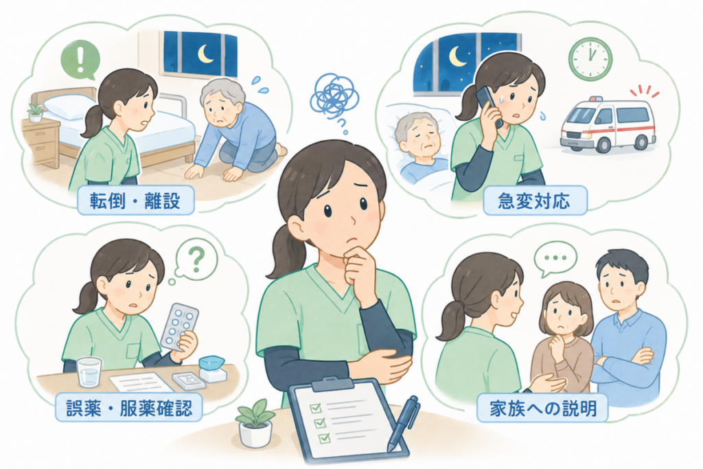 夜勤中に起こりやすい転倒・離設、急変対応、服薬確認、家族説明の場面を介護士が整理する様子を示したイラスト。