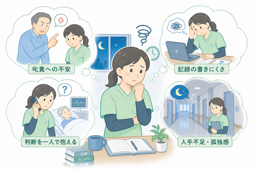 叱責への不安、記録の難しさ、判断を一人で抱える負担、人手不足による孤独感を夜勤介護士の視点で示したイラスト。