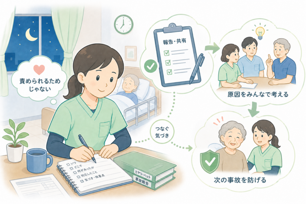 事故報告を責任追及ではなく、情報共有や原因整理を通じて再発防止につなげる流れを示した介護現場のイラスト。