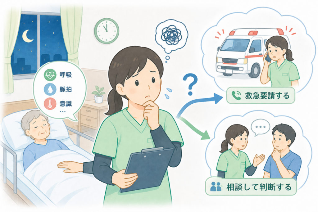 夜勤中の急変時に、介護士が利用者の状態を確認し、救急要請や職員への相談を一人で迷わず判断につなげる様子を示したイラスト。