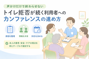 トイレ拒否が続く利用者への対応について、介護職員が本人の意思・安全・ケアの視点を共有しながらカンファレンスで検討しているイラスト