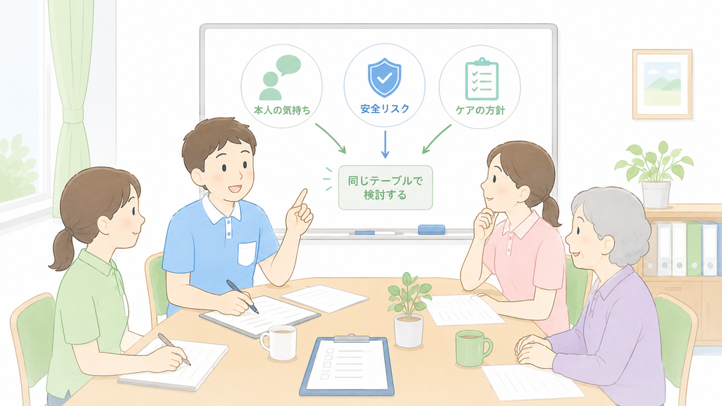 介護職員と高齢者がカンファレンスで本人の気持ち、安全リスク、ケアの方針を同じ場で整理しているイラスト