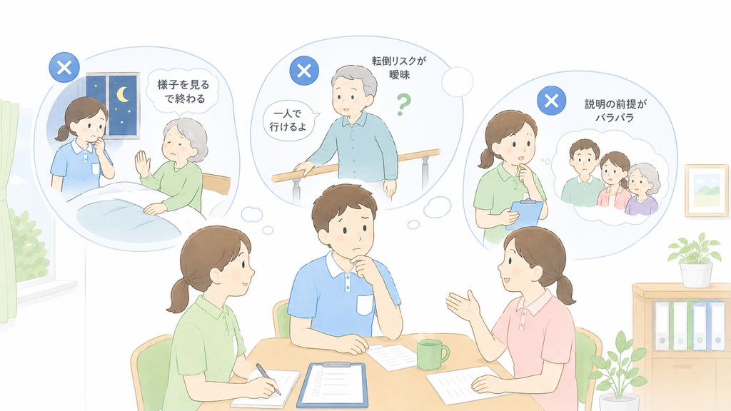 トイレ拒否のカンファレンスで、夜間対応、転倒リスク、家族説明などの課題が曖昧なまま残っている場面を介護職員が話し合っているイラスト