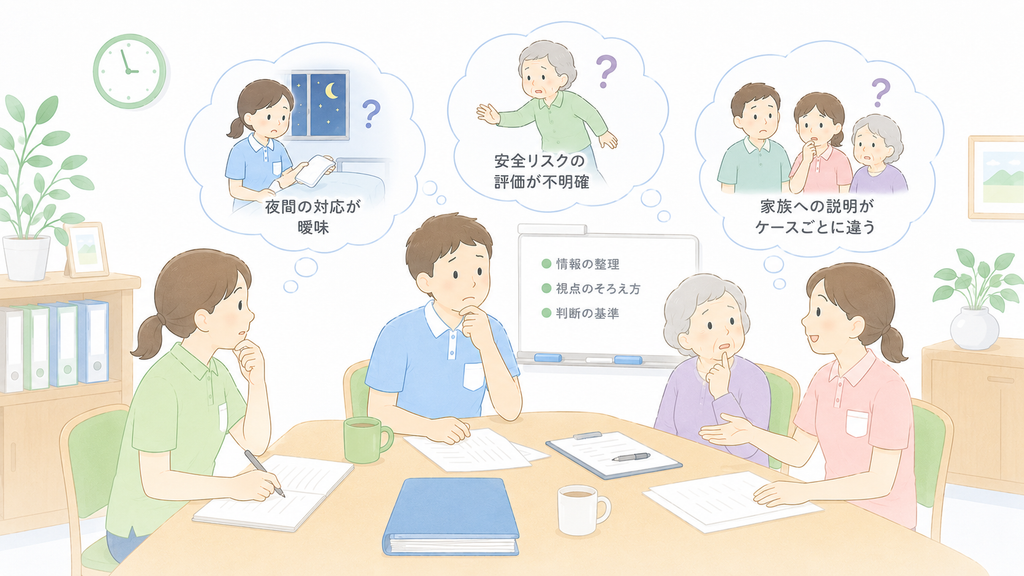 トイレ拒否のカンファレンスで、夜間対応、安全リスクの評価、家族への説明が曖昧になっている課題を介護職員が整理しているイラスト