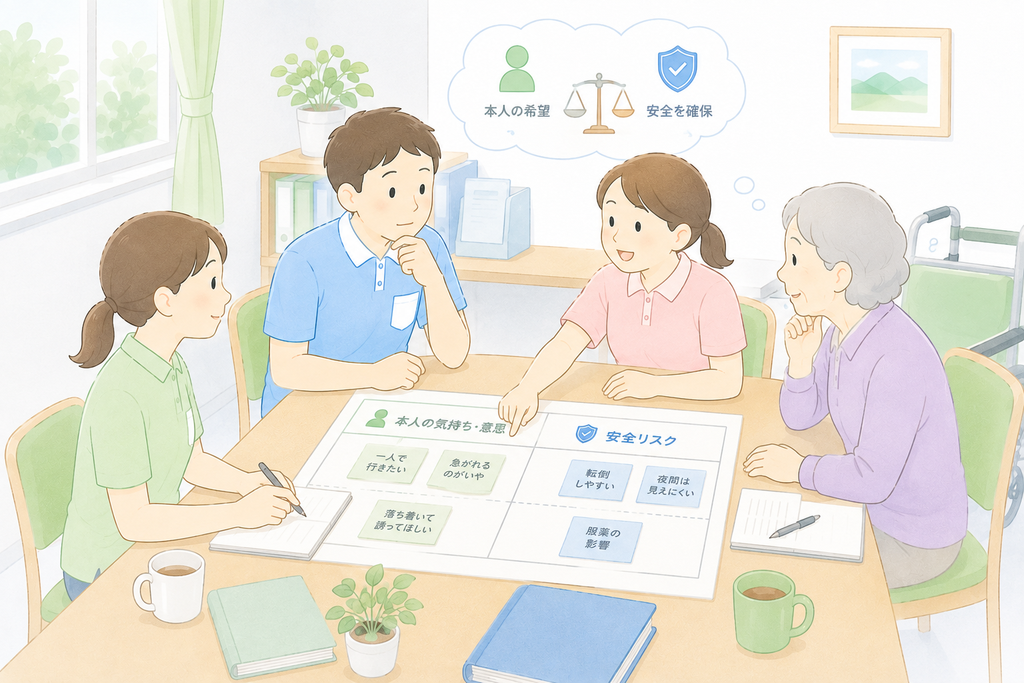 介護職員と利用者が、本人の希望や意思と転倒などの安全リスクを同じ表に並べて確認しているカンファレンスのイラスト