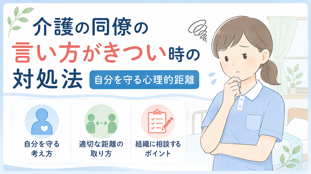 介護職が同僚のきつい言い方に悩みながら、自分を守る距離の取り方や相談方法を考えているイラスト。