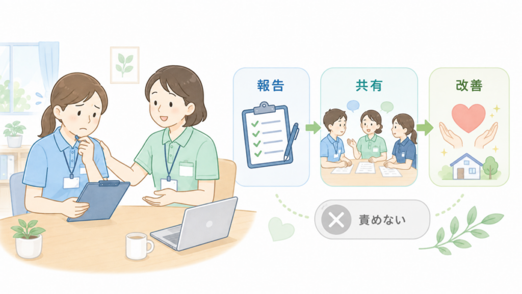 介護事故の報告内容を職員同士で共有し、責任追及ではなく改善につなげる流れを表したイラスト