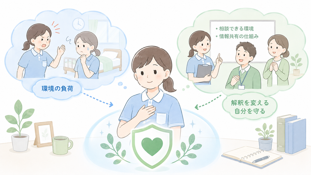 同僚のきつい言い方を環境負荷として捉え直し、相談や解釈の変更で自分の心を守る介護職員のイラスト。