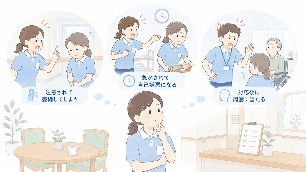 介護現場で注意されて萎縮する、急かされて自己嫌悪になる、対応後に周囲へきつく当たる場面を示したイラスト。