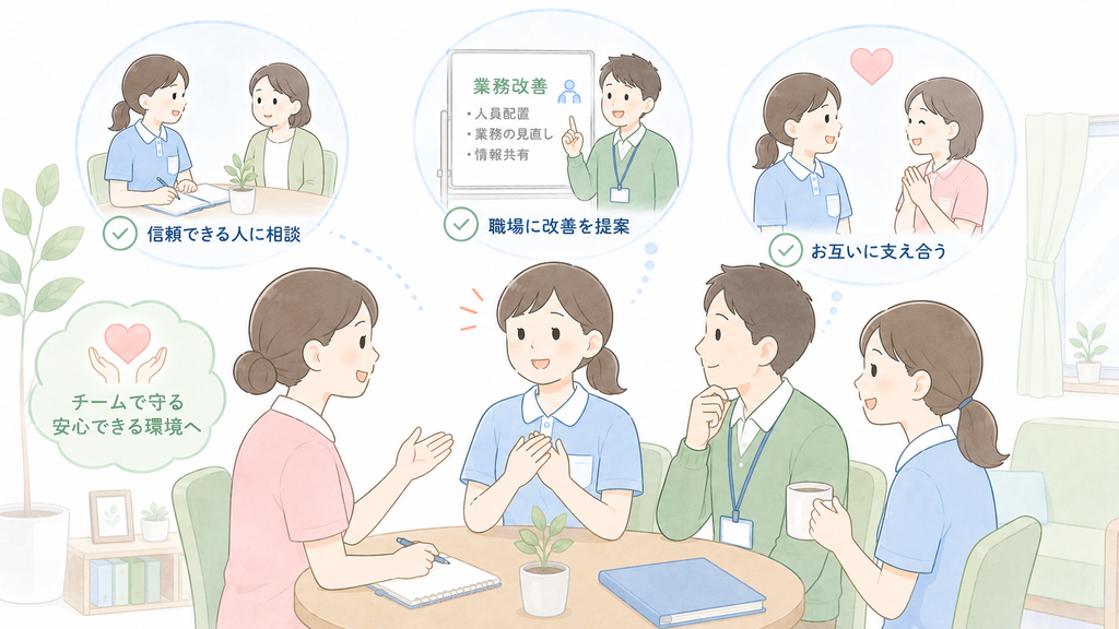 介護職員が上司や同僚に相談し、職場全体で支え合いながら負担を抱え込まない体制を整える様子を示したイラスト。