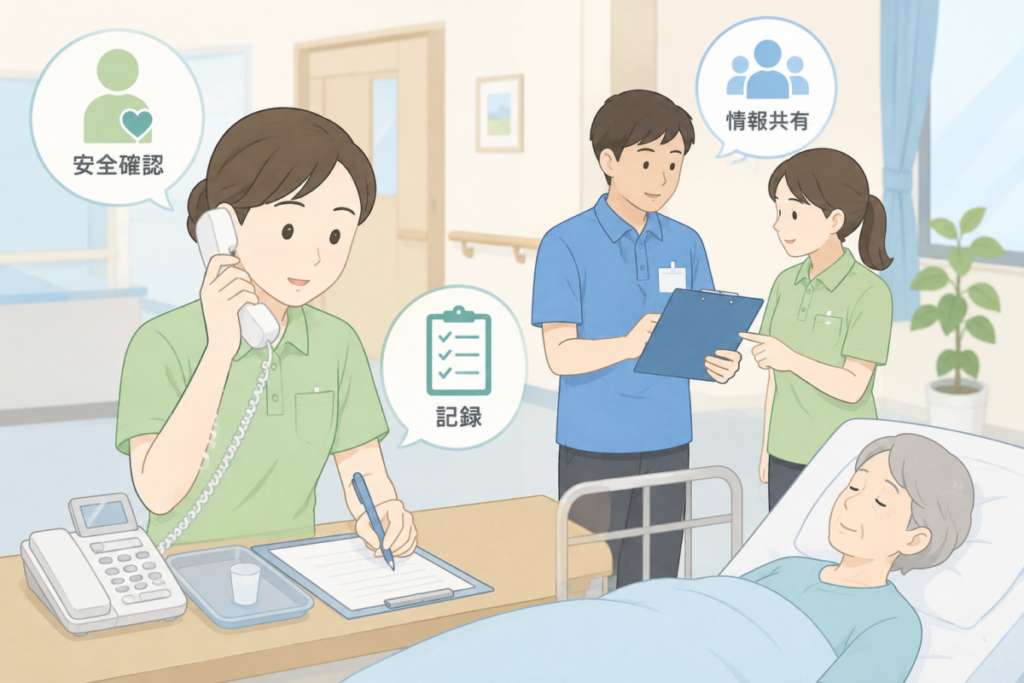 誤薬後に介護職が利用者の安全確認を行い、職員間で報告・記録・情報共有を進める様子。