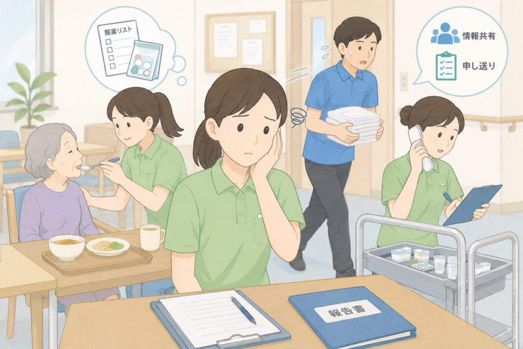 誤薬後の不安を抱えながら、食事介助・服薬・報告・申し送りなど複数業務に追われる介護職の様子。