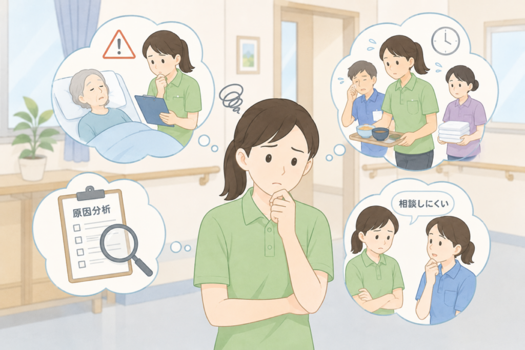 誤薬後の不安や業務負担、原因分析、相談しにくさが重なり、悩む介護職の様子。