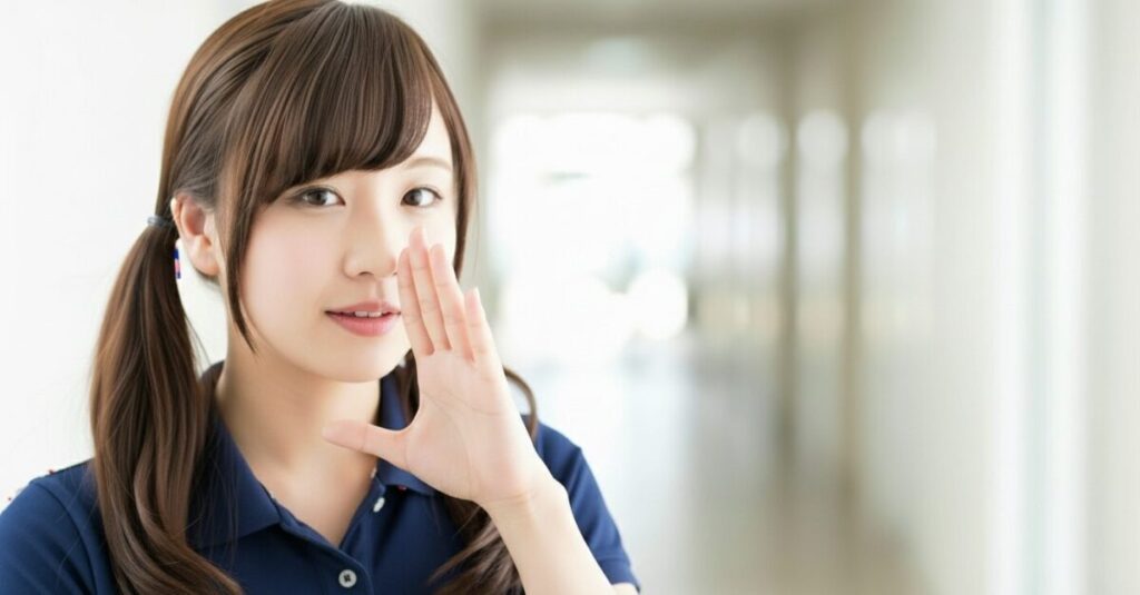 介護施設の廊下で、若い女性介護職員が口元に手を添えて話しかけるような仕草をしている。情報共有や声かけの場面。
