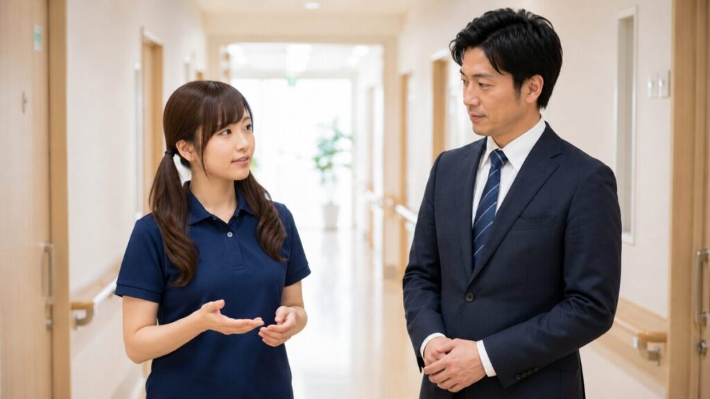 介護施設の廊下で現場職員と本部総合職の男性社員が意見交換をしている様子