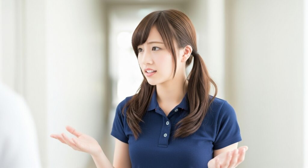 介護施設の廊下で、若い女性介護職員が両手を広げながら説明している場面。状況報告や対応方針について相手に説明している様子を示すイメージ。