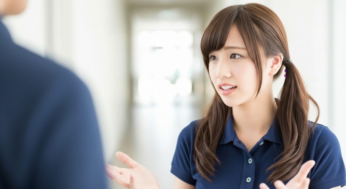 介護施設の廊下で、若い女性介護職員が相手に向かって説明や相談をしている。業務について話し合っている場面。