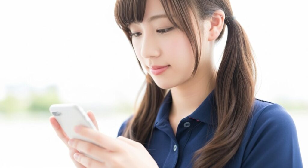 若い女性介護職員がスマートフォンを見ながら操作している。介護現場で連絡や記録確認をしているような場面。