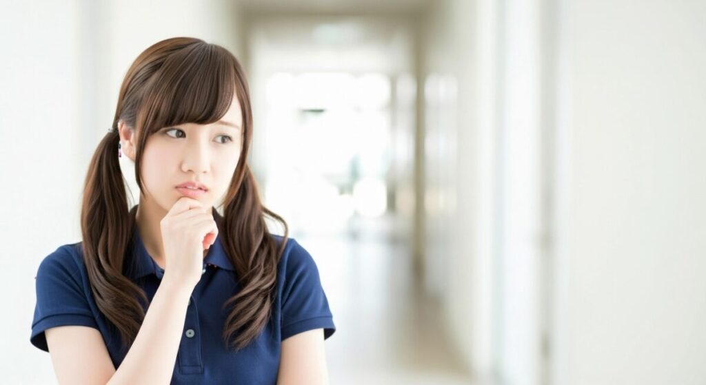 介護施設の廊下で、若い女性介護職員が顎に手を当てながら考え込んでいる。対応方法を悩んでいるような場面。
