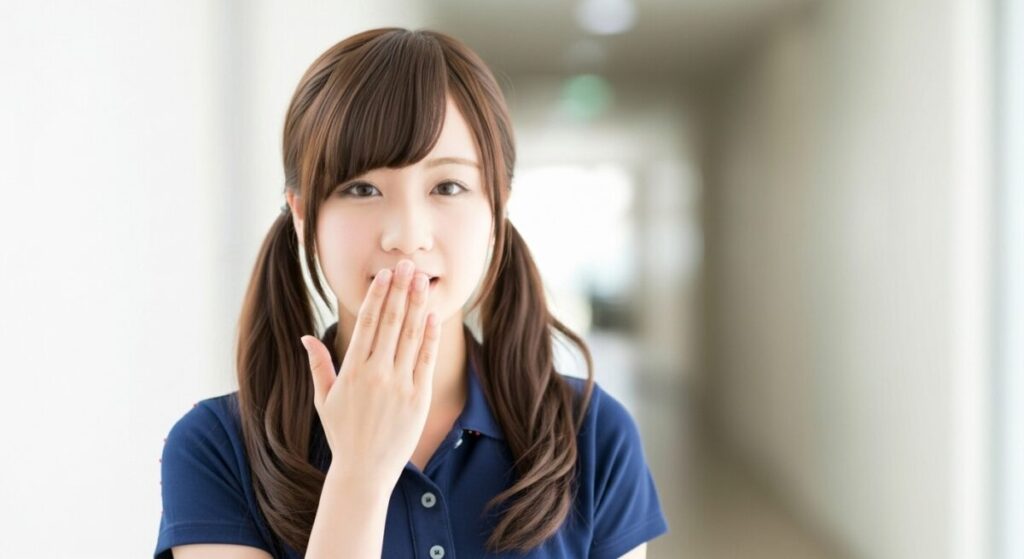 介護施設の廊下で、若い女性介護職員が口元に手を当てながらこちらを見ている。相談や内緒話をイメージした場面。