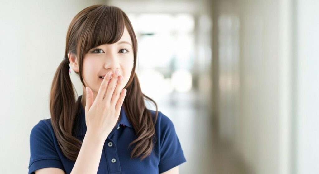 介護施設の廊下で、若い女性介護職員が口元に手を当てながら驚いた表情を見せている。気づきや発見を表現する場面。