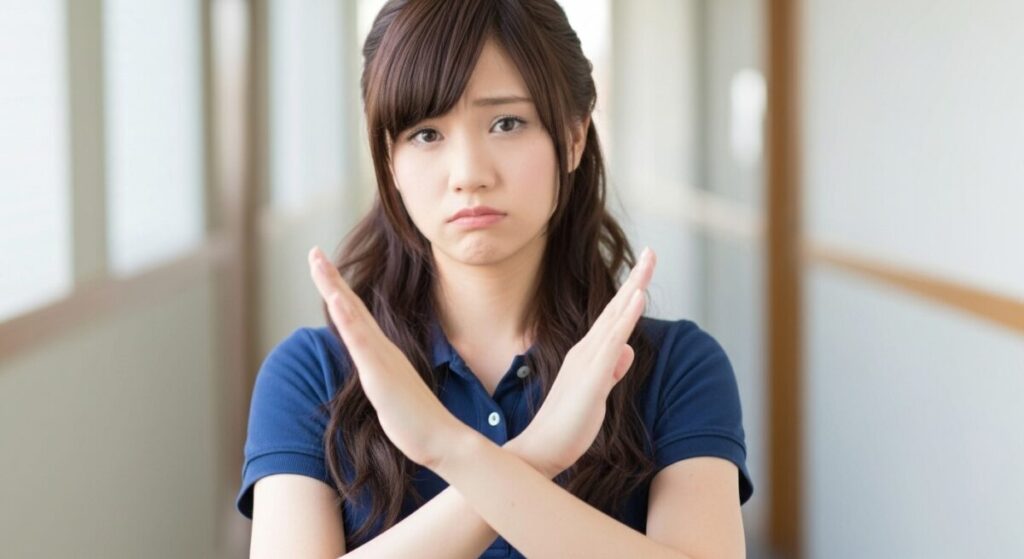 介護施設内で、若い女性介護職員が腕でバツ印を作り、困った表情を見せている。否定や注意を表現する場面。