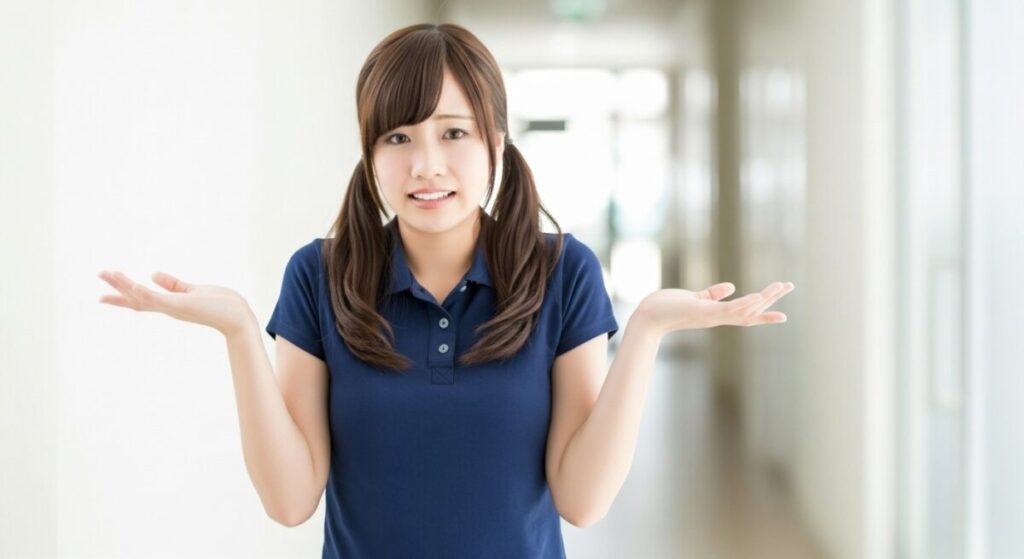 介護施設の廊下で、若い女性介護職員が両手を広げて困った表情を見せている。対応に悩んでいるような場面。