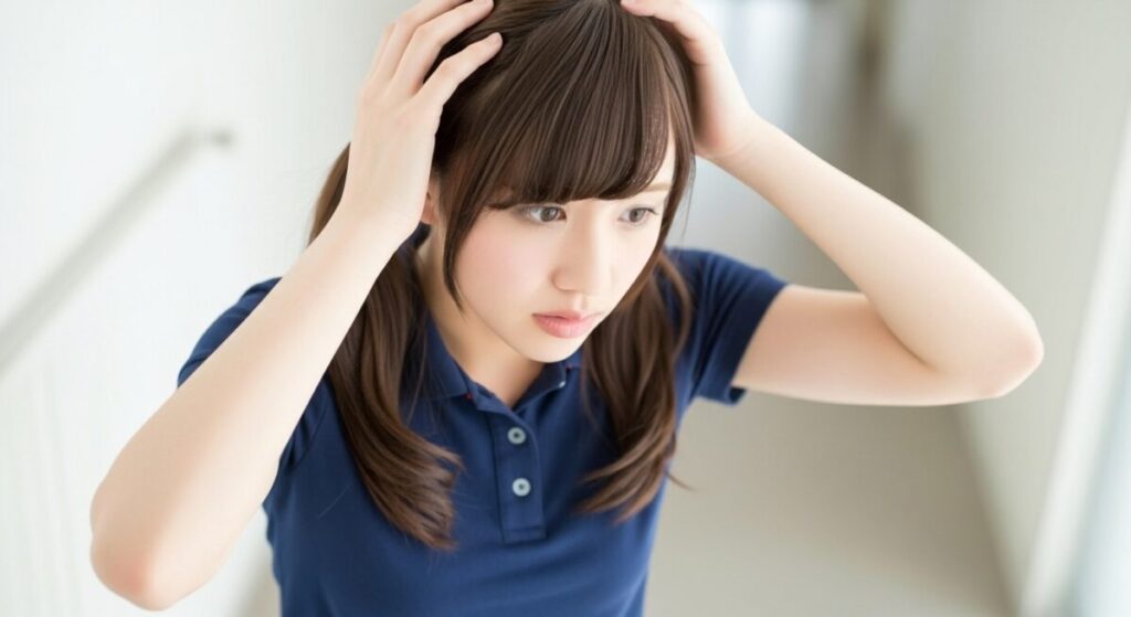 介護施設の廊下で、若い女性介護職員が頭を抱えながら真剣な表情を見せている。悩みや混乱を抱えている場面。