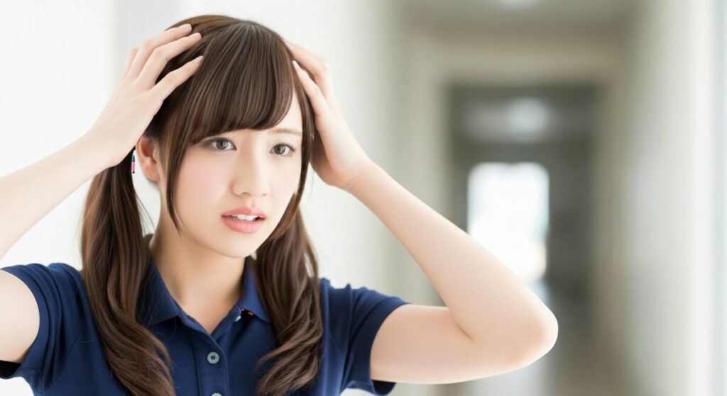 介護施設の廊下で、若い女性介護職員が頭を抱えながら不安そうな表情を見せている。業務負担や悩みを抱えている場面。