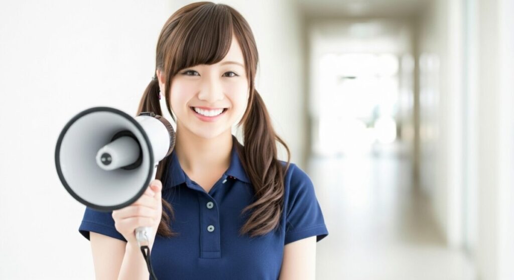 若い女性介護職員がメガホンを持ちながら笑顔を見せている。介護施設からのお知らせや案内をイメージした場面。