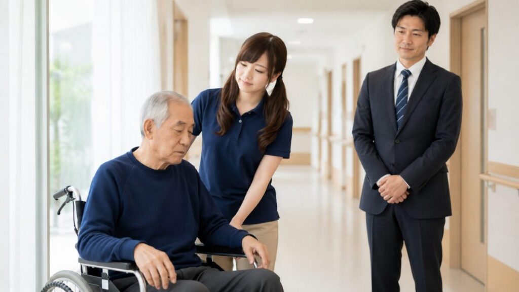 介護施設で利用者を支援する現場職員の様子を本部社員が見守っている場面
