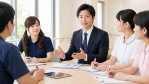 介護施設の本部総合職と現場職員がカンファレンスを行う様子
