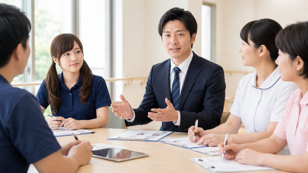 介護施設の本部総合職と現場職員がカンファレンスを行う様子