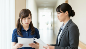 介護施設の廊下で、現場の女性介護職員が書類を手に、本部社員・営業担当の女性と話し合っている場面。業務報告や契約内容の確認、加算・サービス説明に関する調整を行っている状況を示すイメージ。