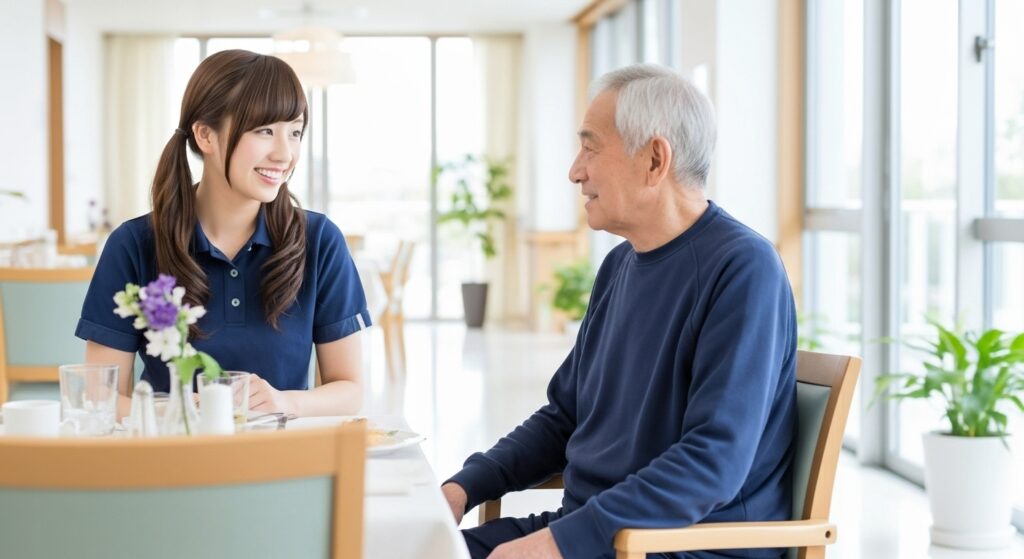 男性入居者と女性介護職員