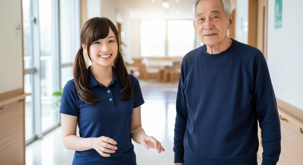 男性入居者と女性介護職員