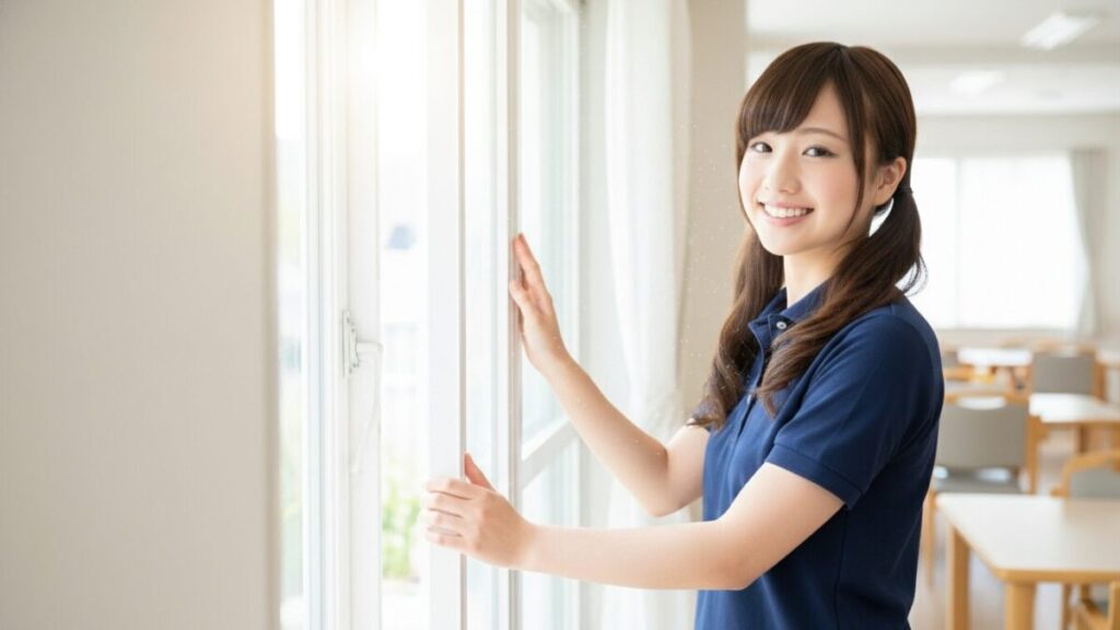 介護施設の食堂で、若い女性介護職員がカーテンを開けて室内を明るくしている。朝の準備や生活環境を整えている場面。