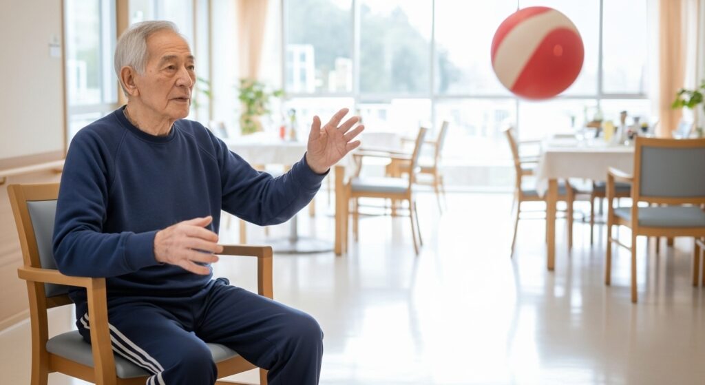 介護施設のデイルームで、椅子に座った高齢男性が赤と白のボールを手で受け取ろうとしている様子。レクリエーション活動としてボール運動を行い、上肢の運動機能維持や身体活動を促している高齢者ケアの場面。